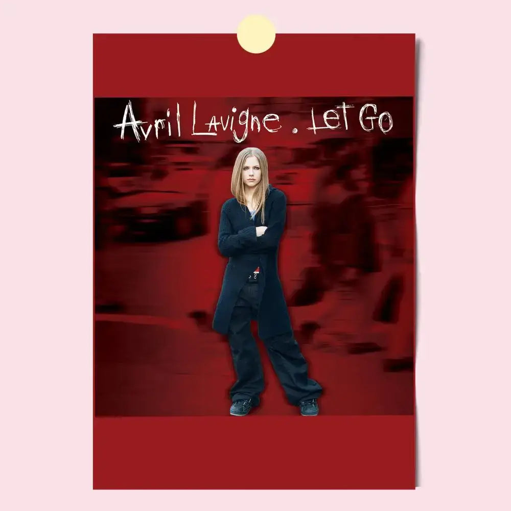 Red avril lavigne wall poster featuring her in a dark blue long coat with arms crossed, hd waterproof self-stick print