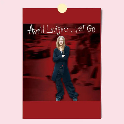 Red avril lavigne wall poster featuring her in a dark blue long coat with arms crossed, hd waterproof self-stick print