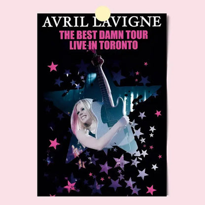 A vibrant avril lavigne wall poster with her playing guitar on black background with pink and silver stars, hd waterproof print