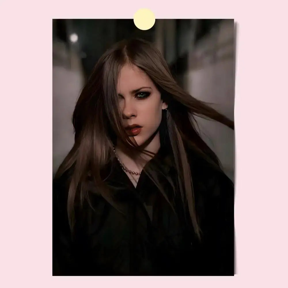 A portrait of avril lavigne with long dark brown hair on an hd waterproof self-stick wall poster print