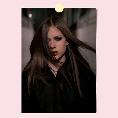 A portrait of avril lavigne with long dark brown hair on an hd waterproof self-stick wall poster print