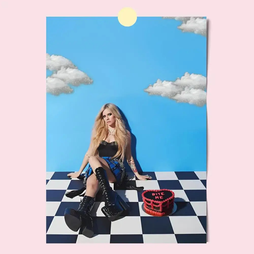 A red heart-shaped cake with white icing on a black and white floor in an avril lavigne waterproof wall poster