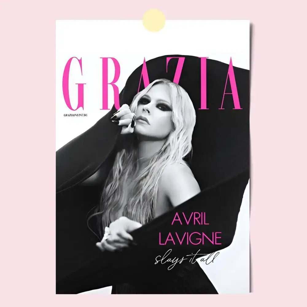 Pink and black grazia magazine cover featuring avril lavigne in a dramatic monochrome portrait on waterproof wall poster