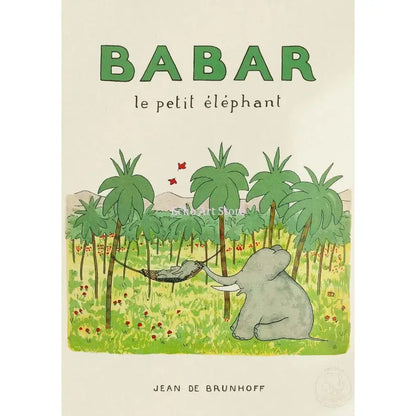A charming canvas art featuring babar elephant family nursery wall decor with jean de brunhoff illustrated book cover