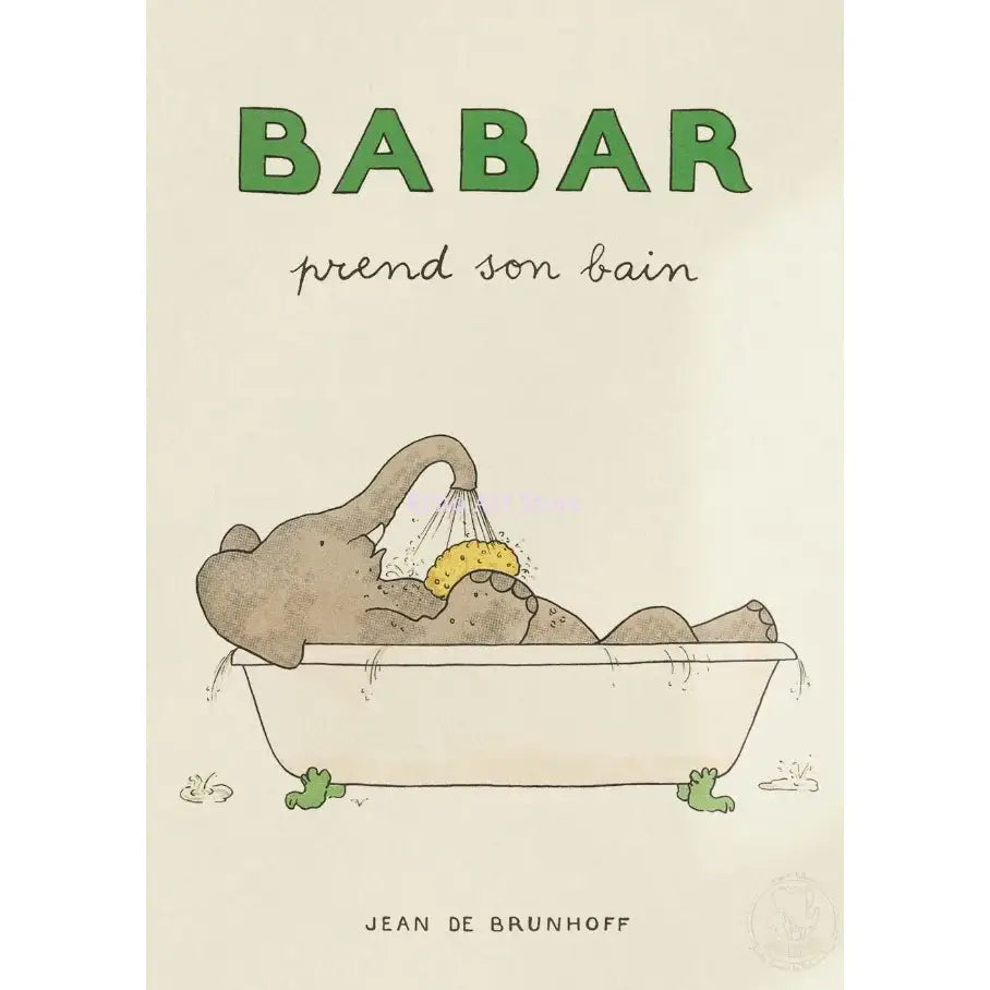Babar elephant family canvas art of a brown cartoon elephant with a yellow sponge bathing in a white tub nursery decor