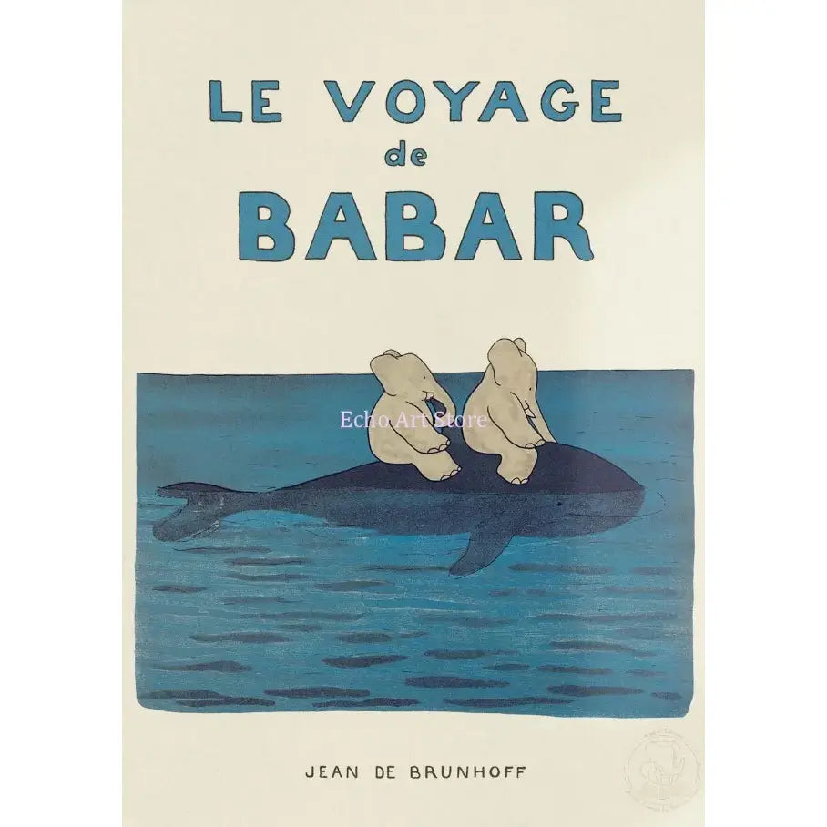 Blue illustrated babar elephant family canvas art featuring two beige elephants on a dark blue whale nursery decor