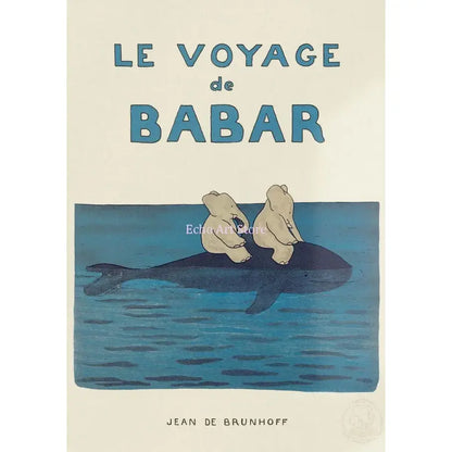 Blue illustrated babar elephant family canvas art featuring two beige elephants on a dark blue whale nursery decor
