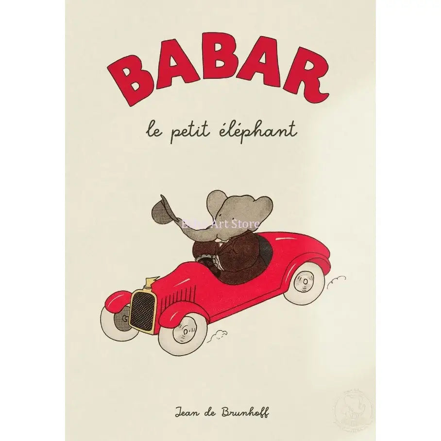 Charming babar elephant family canvas art features gray elephant in brown suit driving vintage red car for nursery decor