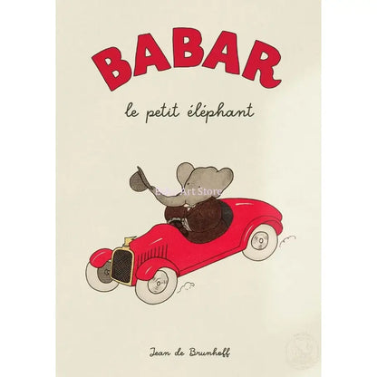 Charming babar elephant family canvas art features gray elephant in brown suit driving vintage red car for nursery decor