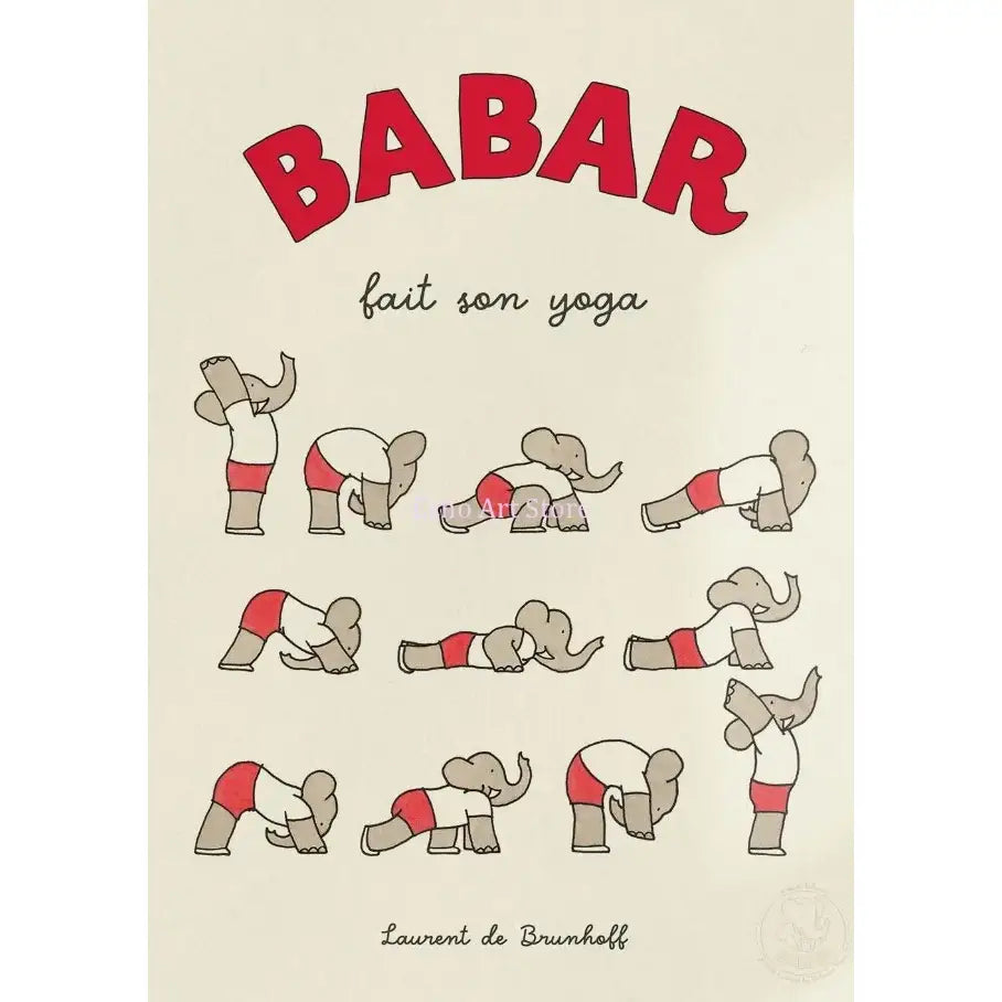 Red and gray cartoon babar elephant family doing yoga poses on cream canvas art nursery wall decor
