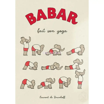 Red and gray cartoon babar elephant family doing yoga poses on cream canvas art nursery wall decor