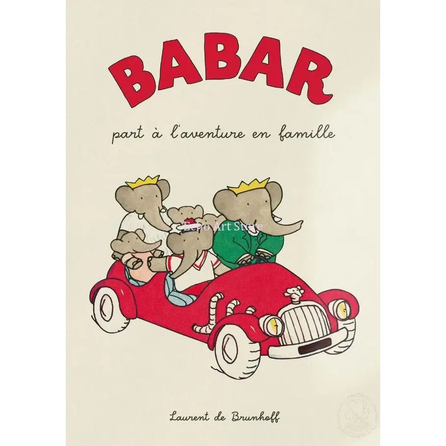 Babar elephant family canvas art featuring a red vintage car with four cartoon elephants in green and red outfits nursery decor