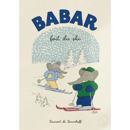 Babar elephant family canvas art featuring blue and green cartoon elephants skiing on a snowy slope for nursery decor