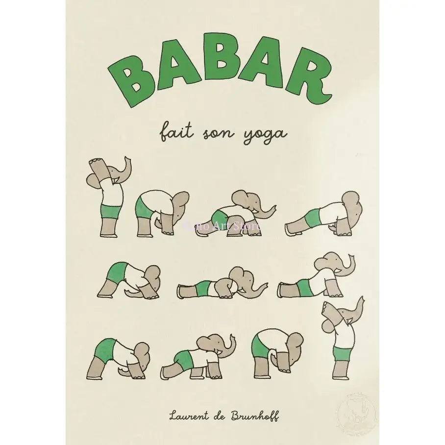 Green and beige illustrated babar elephant family canvas art featuring babar the elephant performing yoga poses nursery decor