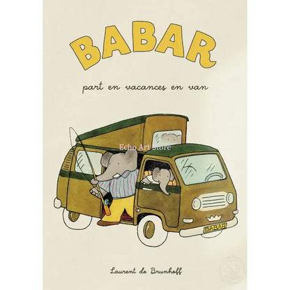 Brown and green vintage-style van with camper top featuring cartoon elephant family in babar elephant family canvas art nursery decor
