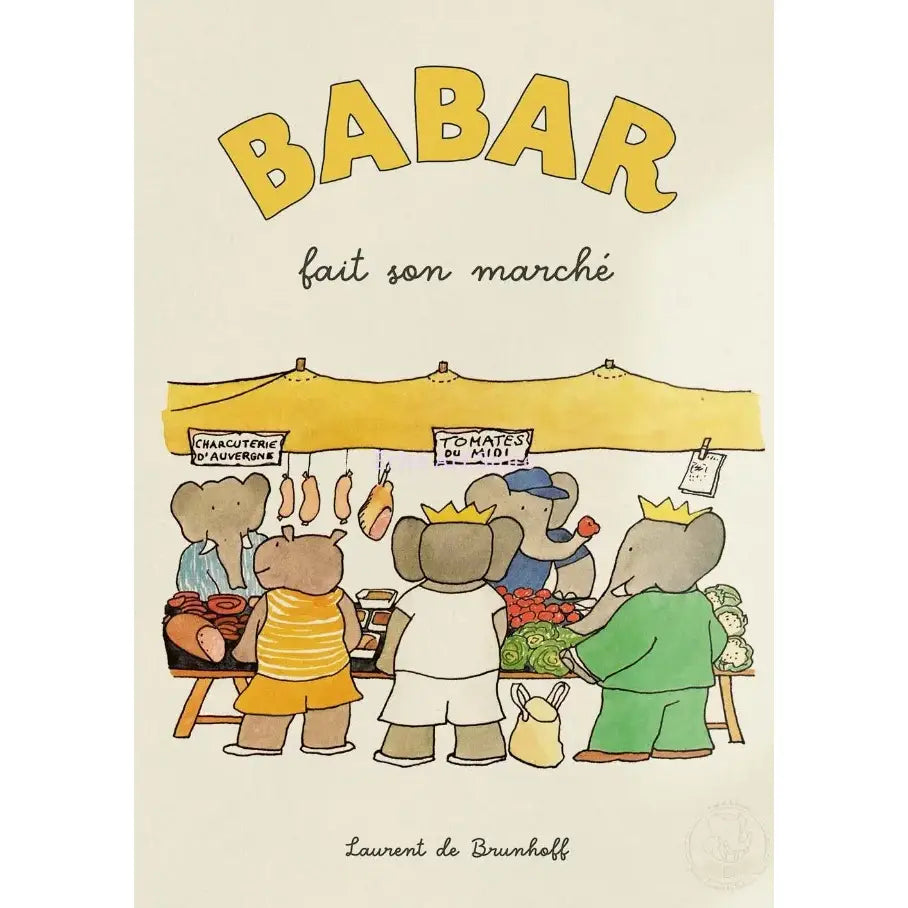Yellow arched title babar with smaller text fait son marché and author laurent de brunhoff on babar elephant family canvas art