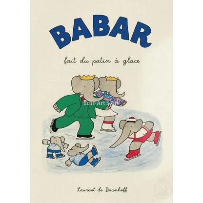 Babar elephant family canvas art featuring colorful cartoon elephants ice skating on a light nursery wall decor background
