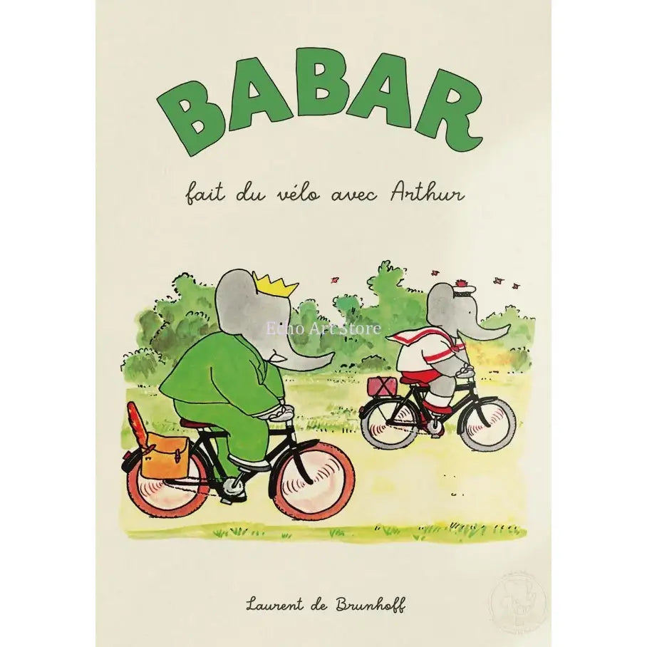 Green cartoon babar elephant wearing crown riding bicycle with orange bag on canvas art nursery wall decor elephant family