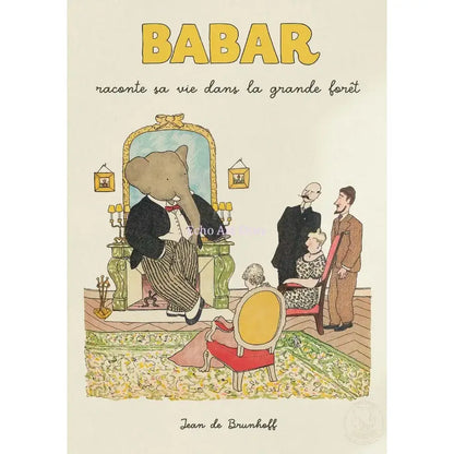 A babar elephant family canvas art featuring a sophisticated elephant in a tuxedo for nursery wall decor