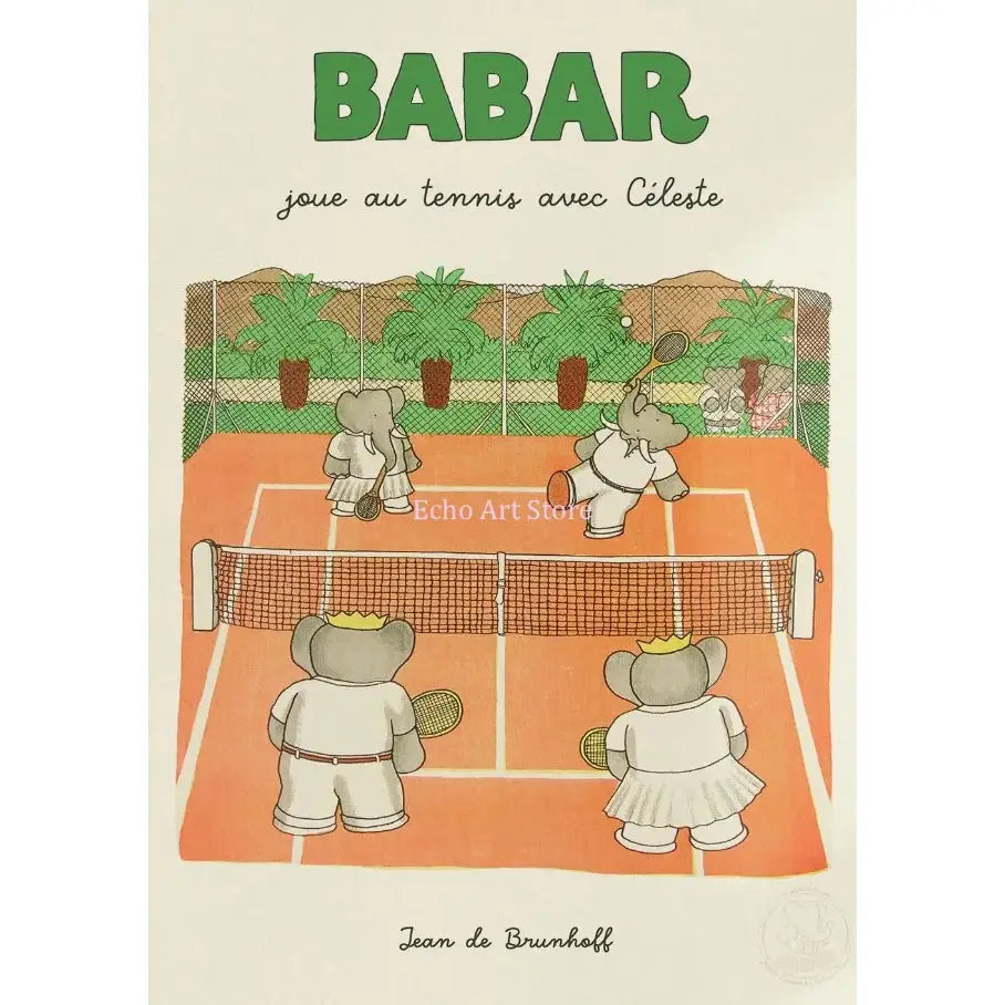 Cover of babar elephant family canvas art featuring cartoon elephants playing tennis on an orange court with palm trees