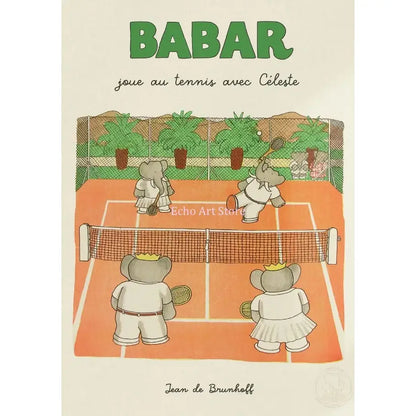 Cover of babar elephant family canvas art featuring cartoon elephants playing tennis on an orange court with palm trees