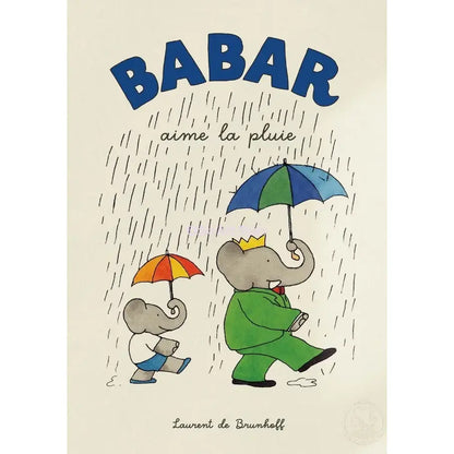 Babar elephant family canvas art with cartoon elephant holding blue and green umbrella in rainstorm nursery decor