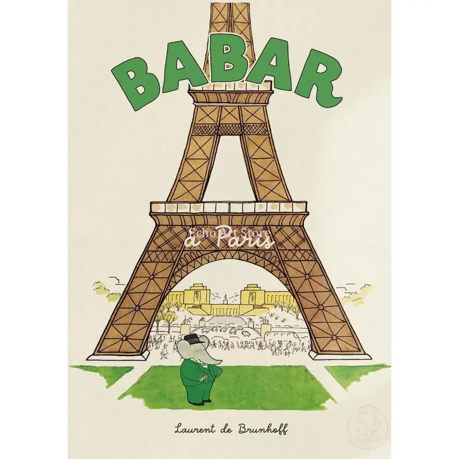 Green cartoon babar elephant in a suit and top hat under the eiffel tower on babar elephant family nursery canvas art