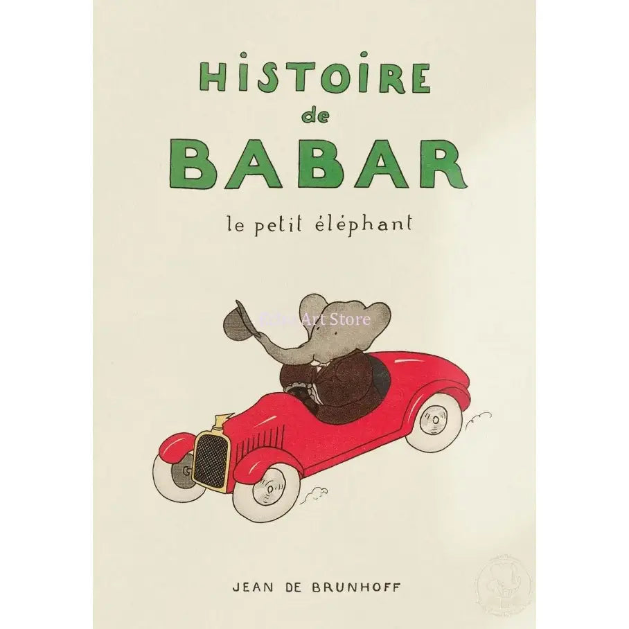 Charming babar elephant family canvas art featuring babar in a red vintage car nursery wall decor
