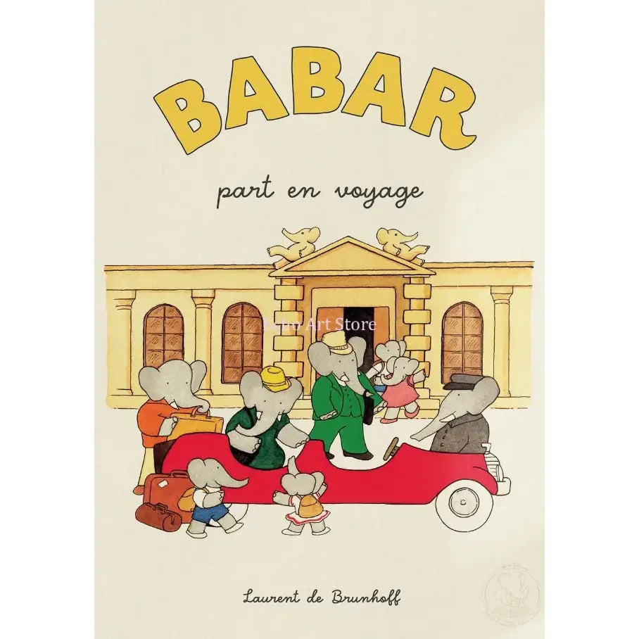 Cover of babar elephant family canvas art featuring red convertible with cartoon elephants in front of ornate building
