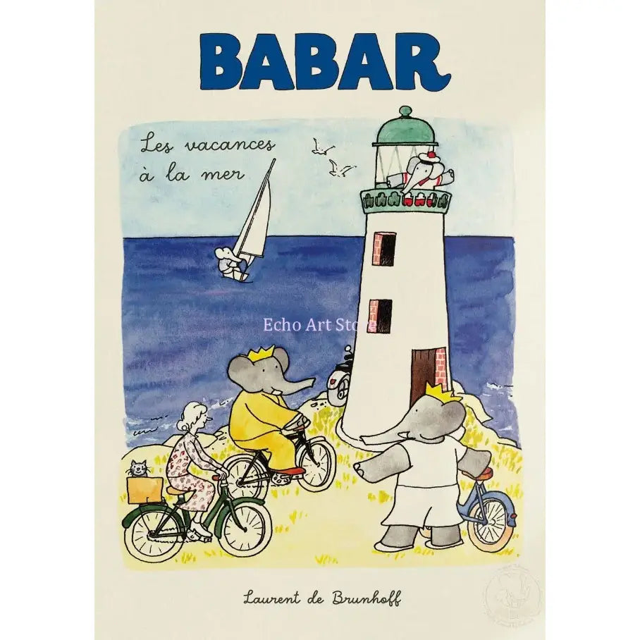 A charming watercolor babar elephant family canvas art featuring a seaside lighthouse bicycles and sailboat for nursery decor