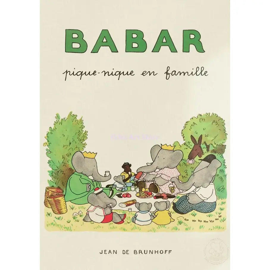 Colorful canvas art of babar elephant family enjoying a picnic featured on nursery wall decor for kids rooms