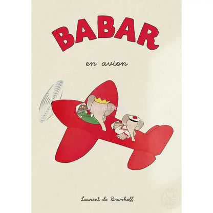 Red airplane canvas art featuring babar elephant family with crowned elephant in cockpit and sailor hat elephant on wing for nursery decor