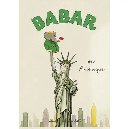 Green cartoon babar elephant wearing a crown holding a french flag on statue of liberty arm nursery wall decor canvas art