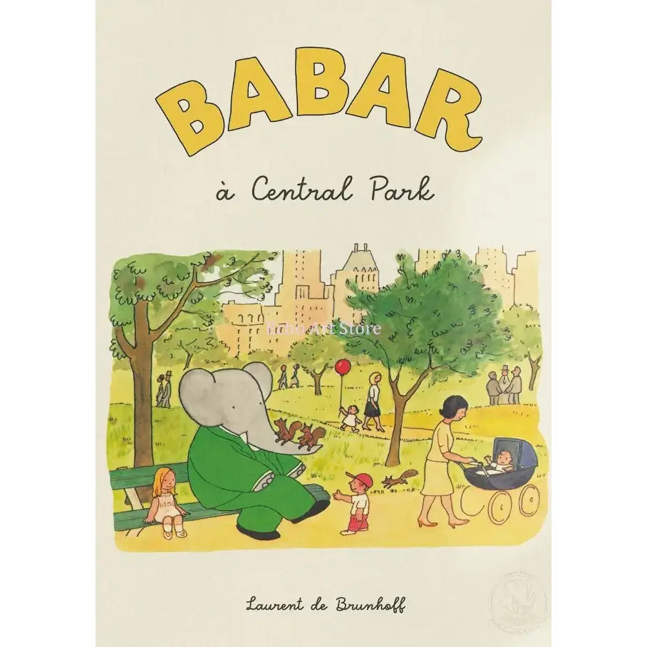 A charmingly illustrated canvas art of babar elephant family in a green suit on a park bench for nursery decor