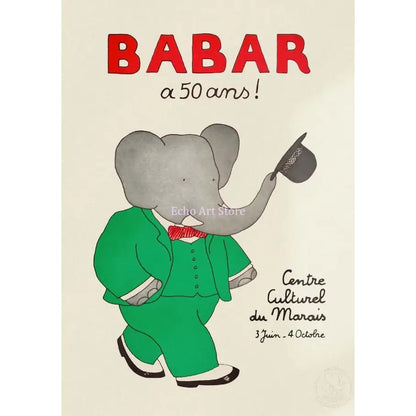 Babar elephant family canvas art featuring a charming gray elephant in a green suit for nursery wall decor