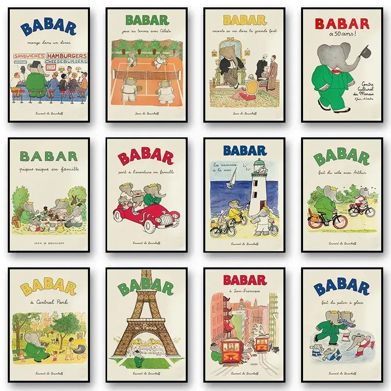 A collection of nine framed colorful babar elephant family posters perfect for nursery wall decor canvas art