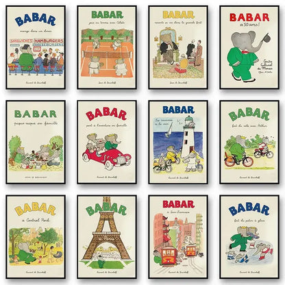 A collection of nine framed colorful babar elephant family posters perfect for nursery wall decor canvas art