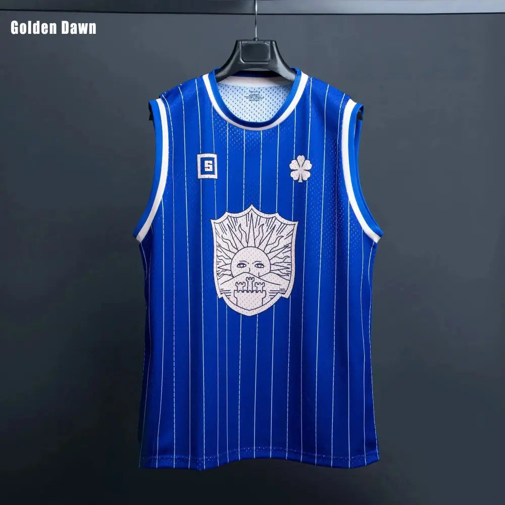 Bandai black clover magic knights blue and white striped sleeveless basketball jersey with embroidered crest and clover patch