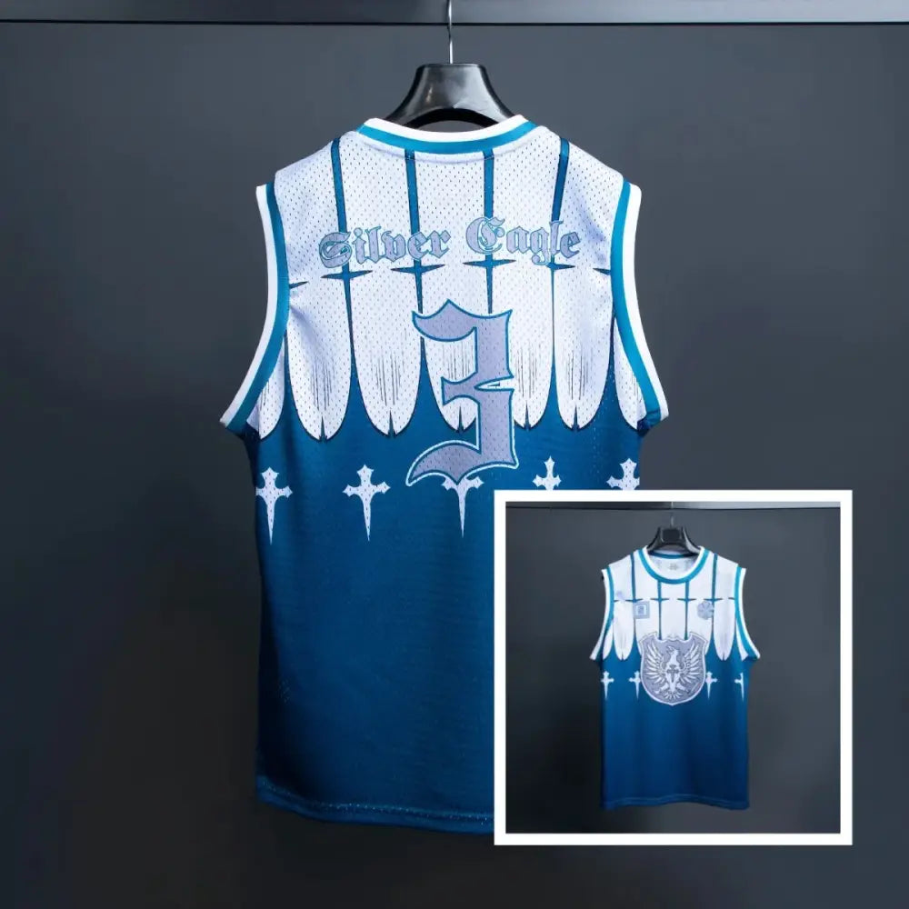 Bandai black clover magic knights white and blue mesh basketball jersey with silver eagle text and quick dry fabric
