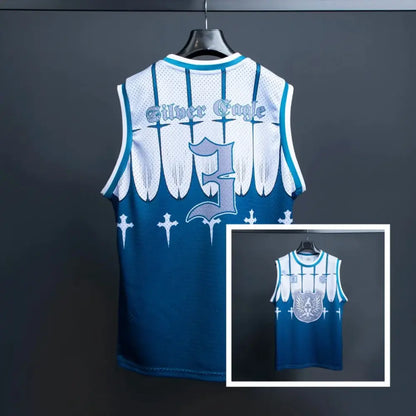 Bandai black clover magic knights white and blue mesh basketball jersey with silver eagle text and quick dry fabric
