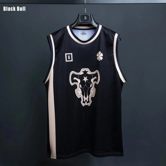 Bandai black clover magic knights black mesh basketball jersey with white trim and embroidered black bull logo front