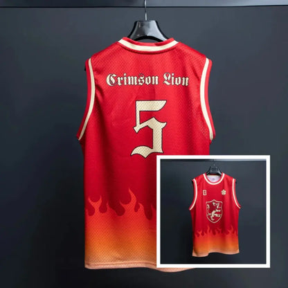 Red mesh basketball jersey with gold flame gradient and crimson lion text above number 5 for breathable quick dry wear