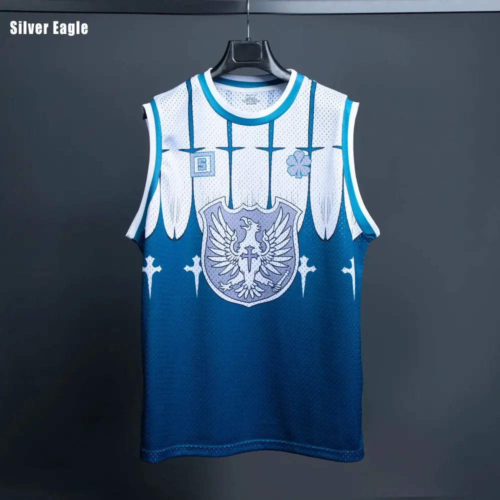 Blue and white mesh sleeveless basketball jersey with silver eagle emblem breathable quick dry soft fabric for adults and kids