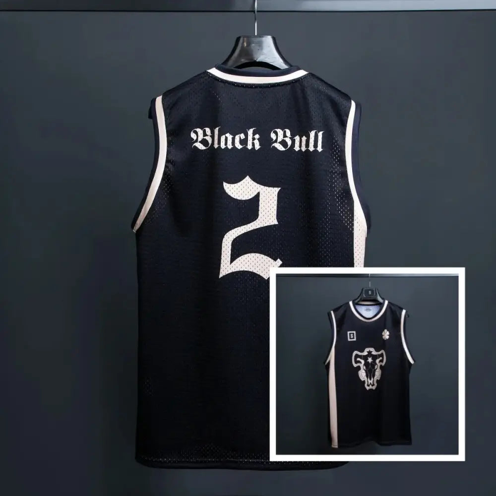 Black mesh bandai black clover magic knights basketball jersey with white black bull text number 2 and stylized bull logo