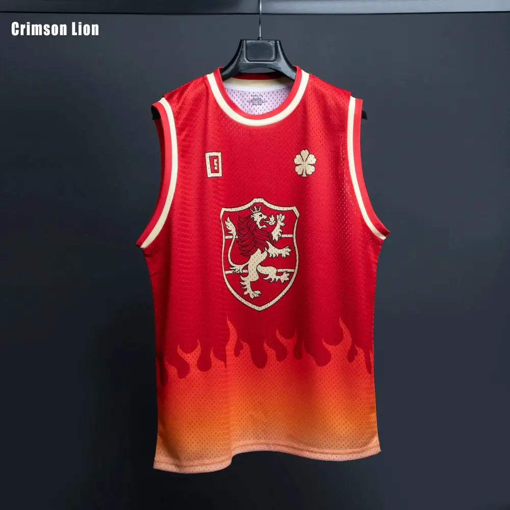 Red and orange gradient mesh bandai black clover magic knights basketball jersey with white trim and lion crest embroidery