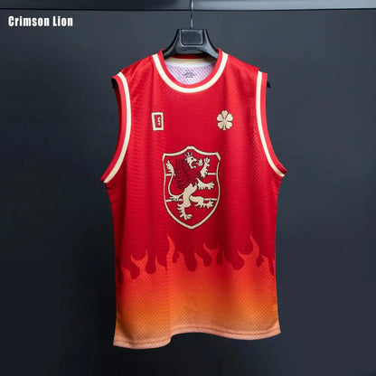Red and orange gradient mesh bandai black clover magic knights basketball jersey with white trim and lion crest embroidery