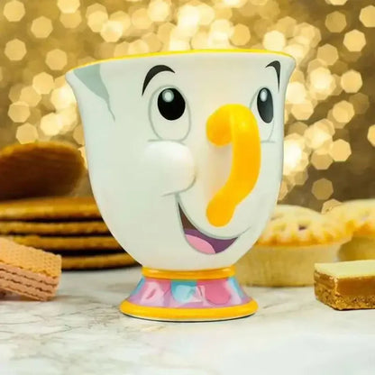 White ceramic mug with cheerful face yellow handle and colorful base for beauty and the beast cogsworth clock figure decor