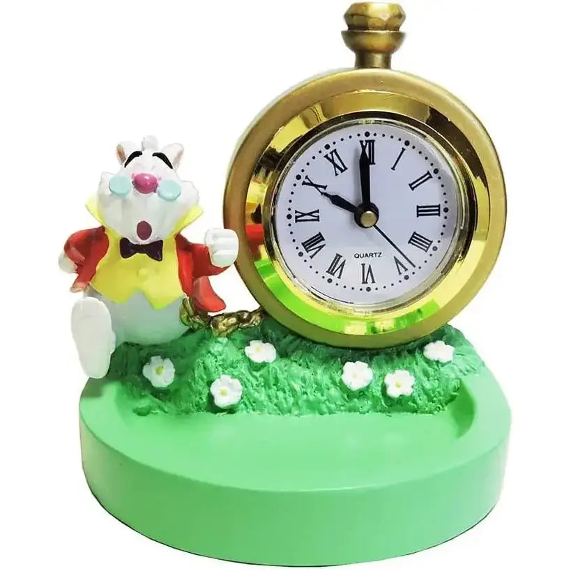 Beauty and the beast cogsworth clock figure features a gold pocket watch clock with roman numerals and a white rabbit figurine on a green base for anime decor and single weight lumia candle holder display