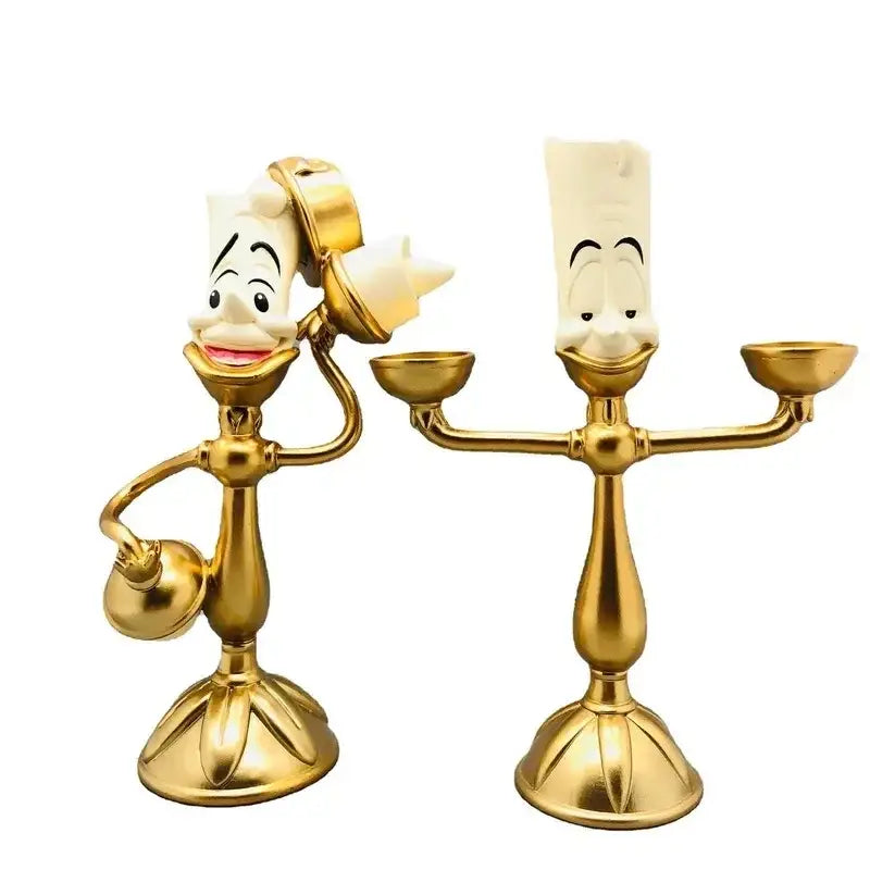 Beauty and the beast cogsworth clock figure with articulated arms and cartoon face as a golden lumia candle holder decor