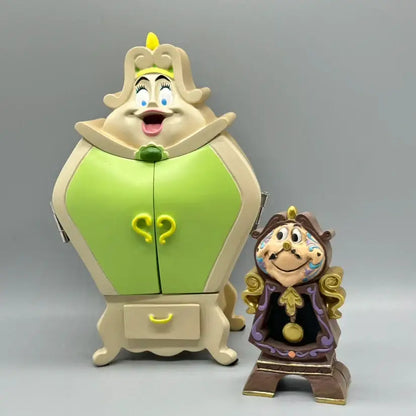 Beige and lime green jewelry box with yellow question mark handles featuring beast cogsworth clock design